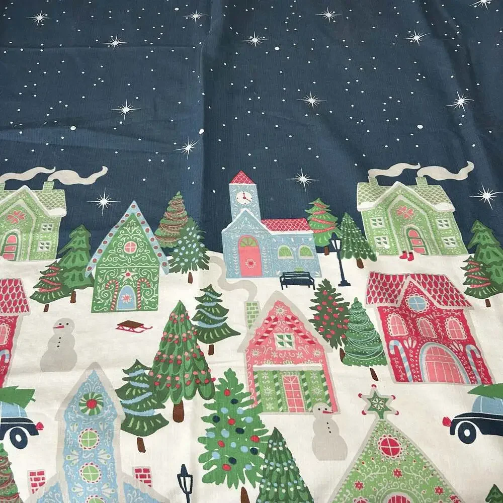 Envogue Christmas Village Shower Curtain Navy Blue Pink Pastel Holiday Decor